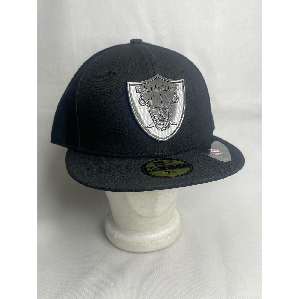 Las Vegas Raiders Gun Metal Logo Hat Fitted Size 7 1/2 New Era Black Team Cap